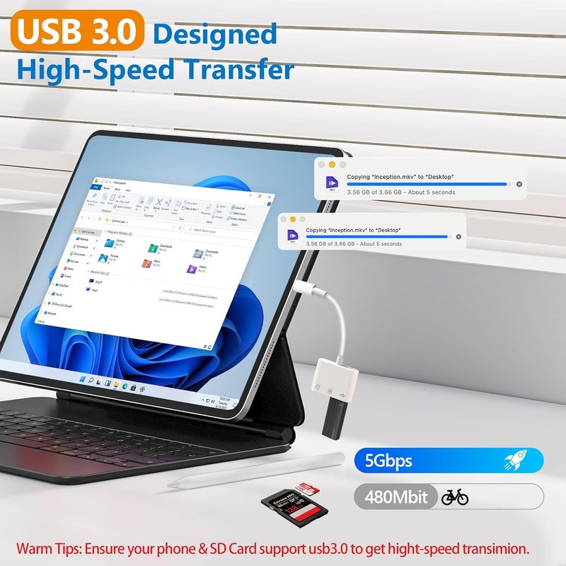 ADRUDY قارئ بطاقة SD USB C، قارئ بطاقة SD لجهاز iPhone 15 16 iPad/Mac/أجهزة Android، قارئ بطاقة ذاكرة 3 في 1 مع SD/MicroSD ومنفذ USB، توصيل وتشغيل - Image 4